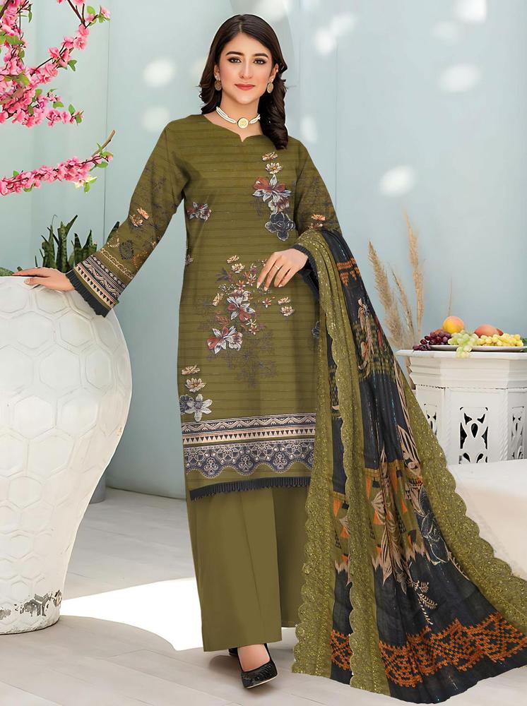 3 Pcs Women's Unstitched Lawn Embroidered Suit