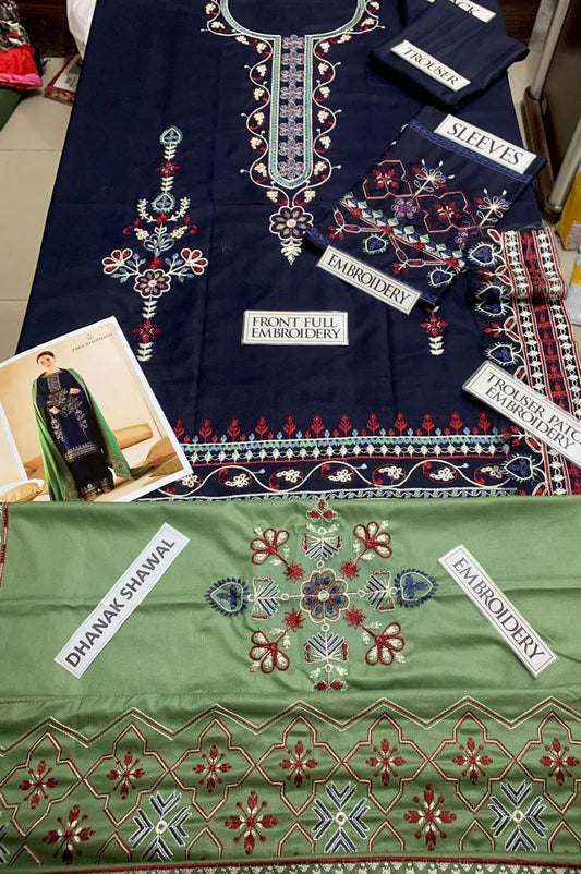 3 Pcs Women's Unstitched Dhanak Embroidered Suit